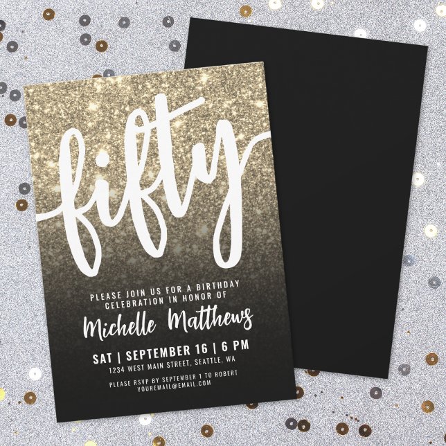 Invitation Paillettes d'Or Noir 50e Anniversaire (Black Gold Glitter 50th Birthday Invitation)