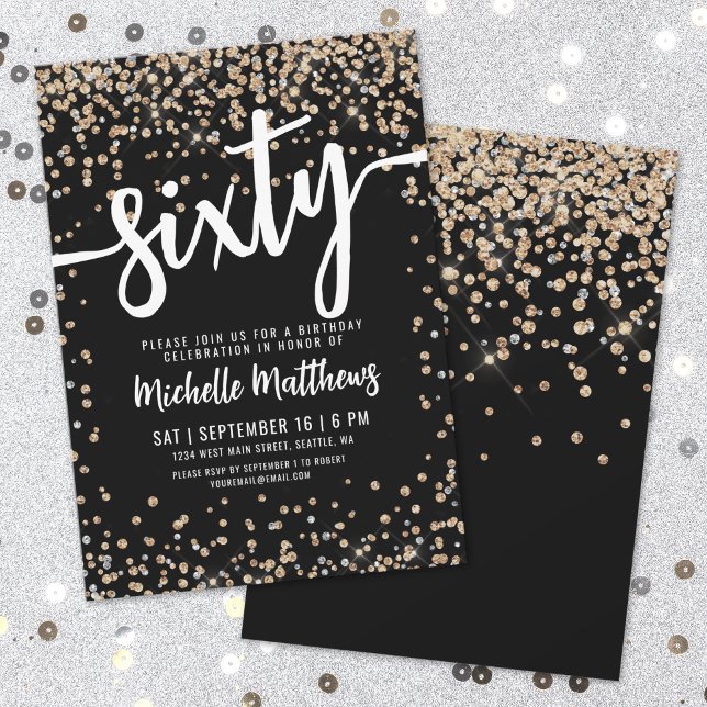 Invitation Paillettes d'Or Noir 60e Anniversaire (Black Gold Glitter 60th Birthday Invitation)