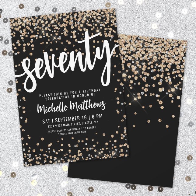 Invitation Paillettes d'Or Noir 70e Anniversaire (Black Gold Glitter 70th Birthday Invitation)