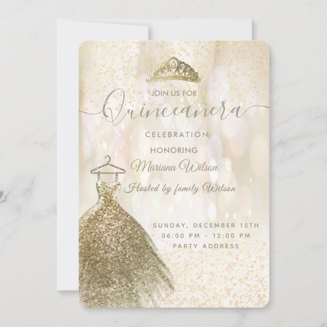 Invitation Paillettes d'or robe bokeh tiara Quinceañera (Devant)