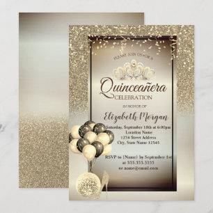 Invitation Paillettes dorées, ballons, talons hauts, Tiara Qu