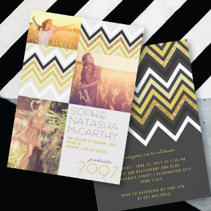 Invitation Paillettes dorées, chevrons chic et rayures pour u
