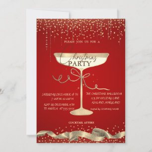 Invitation Paillettes dorées, Verre, Soirée de Noël rouge d'e