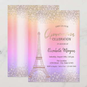 Invitation Paillettes Eiffel Confetti Ombré Quinceañera  