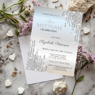 Invitation Paillettes Élégantes Gouttes Argent Bat Mitzvah