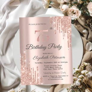Invitation Paillettes Élégantes Gouttes Rose Gold 75e Anniver