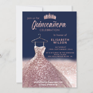 Invitation Paillettes en or rose de tiara robe marine Quincea