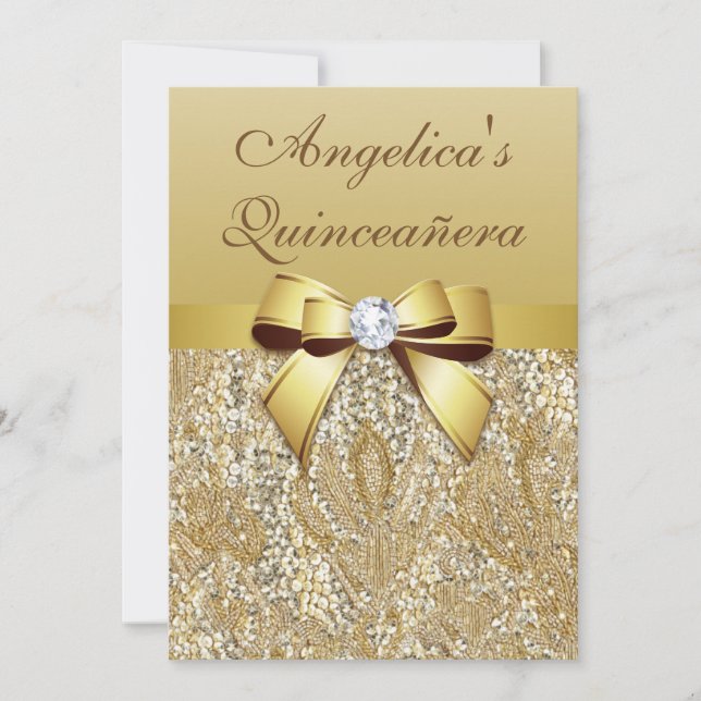 Invitation Paillettes et arc Quinceañera d'or de Faux (Devant)