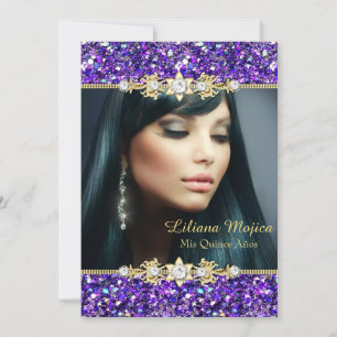 Invitation Paillettes et nœud à bijoux dorés et violets pour