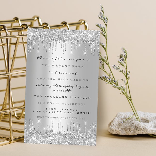Invitation Paillettes étincelantes argentées Lux Mariage Swee (Spark Glitter Drips Silver Lux Bridal Sweet 16th Invitation)