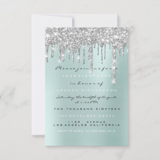 Invitation Paillettes étincelantes gouttes d'argent Aqua Mari (Devant)