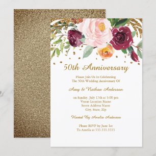 Invitation Paillettes Florales Or Bourgogne 50e Anniversaire