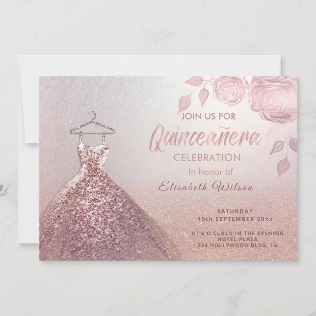 Invitation Paillettes florales Robe or rose Quinceañera (Devant)