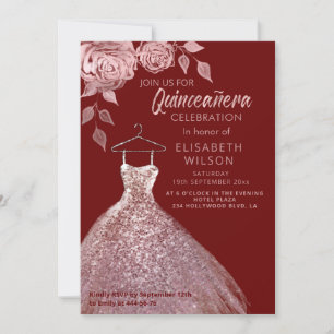 Invitation Paillettes florales Robe or rose Quinceañera Invit