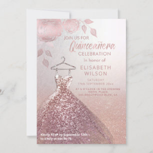 Invitation Paillettes florales Robe or rose Quinceañera Invit