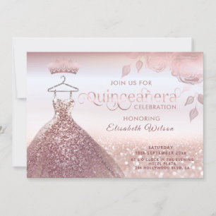 Invitation Paillettes florales Robe or rose Quinceañera Invit