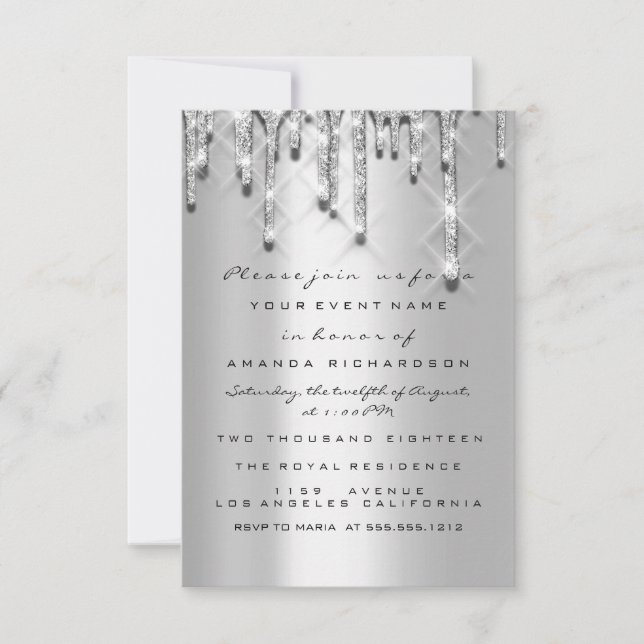 Invitation Paillettes gouttes argent gris  Mariage Sweet 16 3 (Devant)