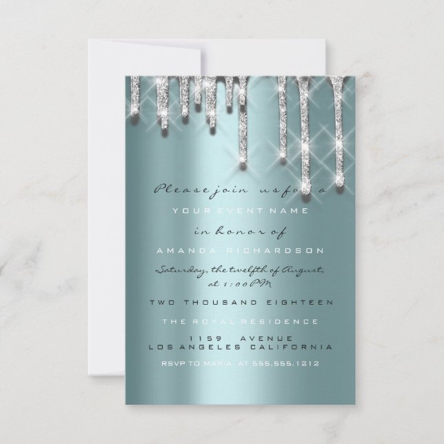 Invitation Paillettes gouttes argent sarcelle mariage Sweet 1 (Devant)
