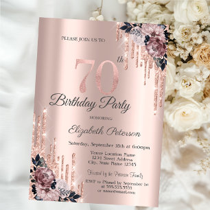 Invitation  Paillettes Gouttes Rose Gold Fleurs 70e Anniversa