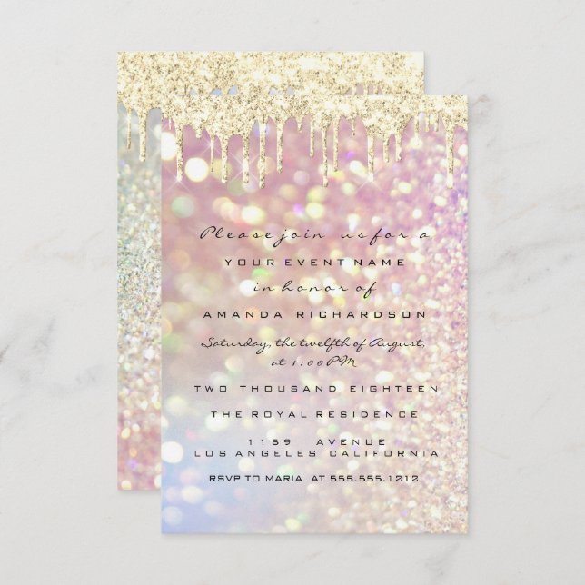 Invitation Paillettes Gouttes Rose Or  Mariage Douce 16e Luxe (Devant / Derrière)