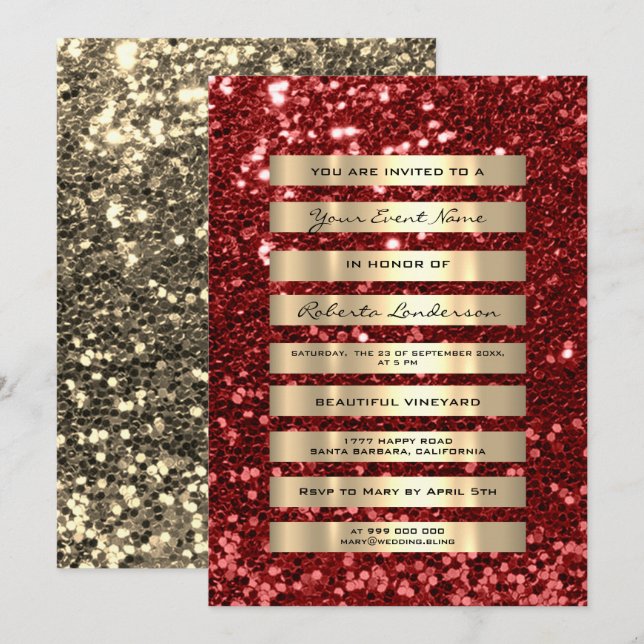 Invitation Paillettes Luxe Rayures Or Champagne Rouge Rubin (Devant / Derrière)