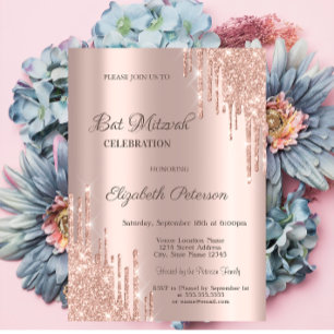 Invitation Paillettes Modernes Gouttes Rose Gold Bar Mitzvah