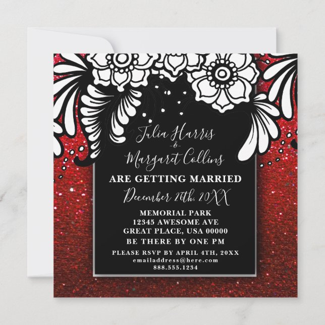 Invitation Paillettes Ombrées Rouge Rubis Élégant Floral (Dos)