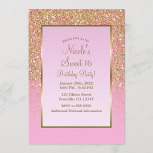 Invitation Paillettes Or & Rose Fête Glamour Douce 16 Ans