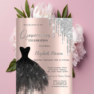 Invitation  Paillettes qui dégoulinent,Rose en robe noire Or 