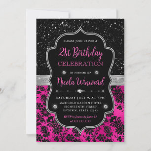 Invitation Paillettes roses et noires Fleurs damassées 21e an