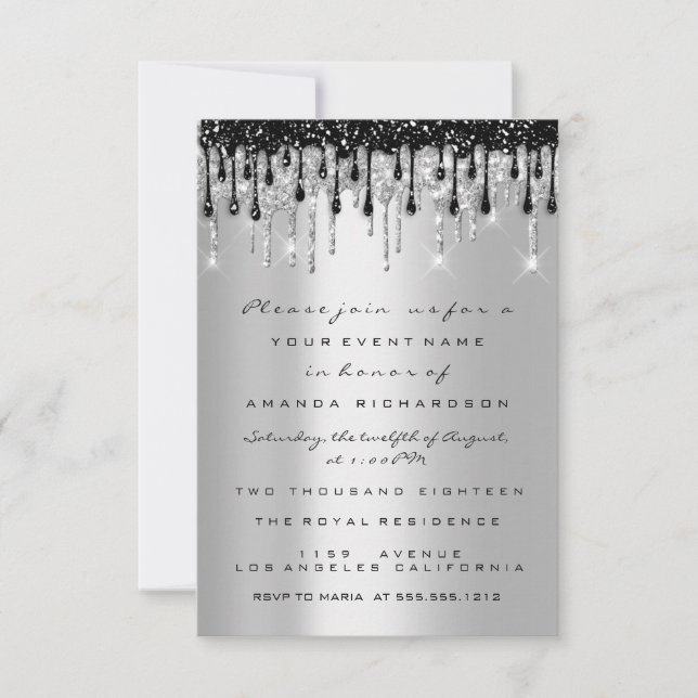 Invitation Paillettes scintillantes argent noir gouttes marié (Devant)
