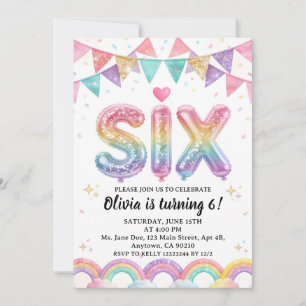 Invitation Paillettes SIX Anniversaire Arc-en-ciel pour Fille