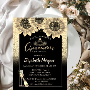 Invitation Paillettes, tournesols, diadème de verre à vin Qui