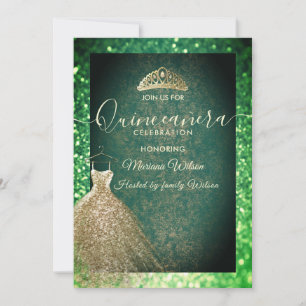 Invitation Paillettes Vert chic Or robe tiara Quinceañera