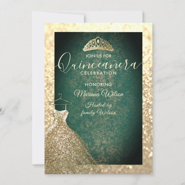 Invitation Paillettes Vert chic Or robe tiara Quinceañera I (Devant)