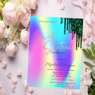 Invitation Paillettes Vertes Gouttes Holographiques Sweet 16