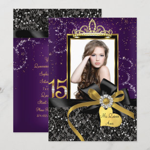Invitation Paillettes Violet Or Broderie & Nœud Photo Quincea