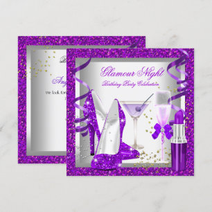 Invitation Paillettes Violet Soirée Glamour Boissons Fête d'a