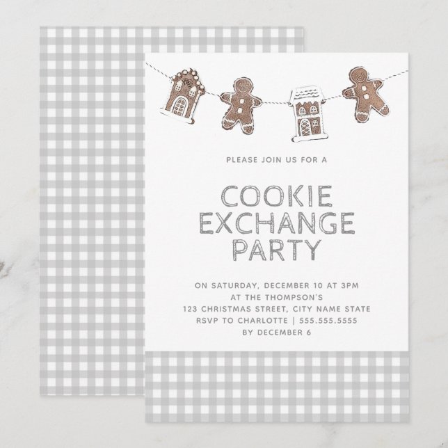 Invitation Pain d'épices Gris En vichy échange de cookies (Devant / Derrière)