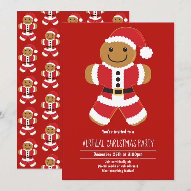 Invitation Pain d'épices Père Noël Rouge Virtual Christmas Pa (Devant / Derrière)