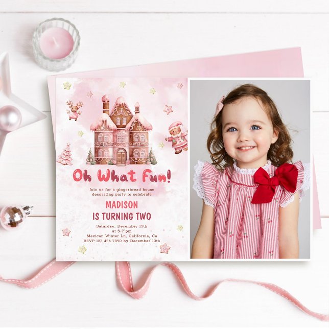 Invitation Pain d'épices rose Maison Noël Deuxième anniversai (Créateur téléchargé)