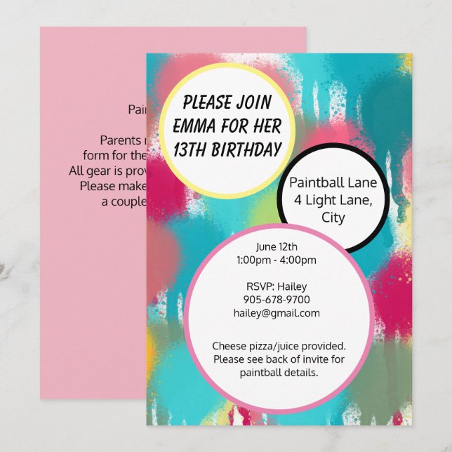 Invitation Painball rose, bleu et vert Anniversaire (Devant / Derrière)