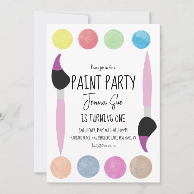 Invitation Paint Party aquarelle Palette Premier anniversaire (Devant)