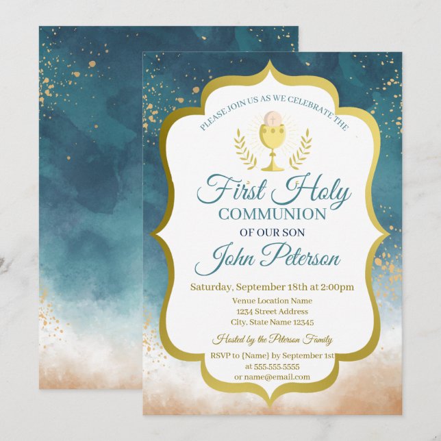 Invitation Paint Splash, Chalice Première Communion Sainte (Devant / Derrière)