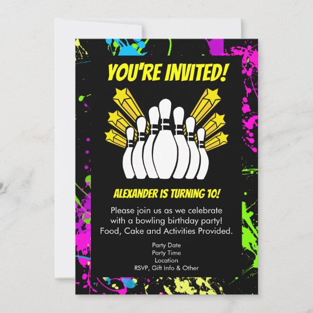Invitation Paint Splatz Stars Bowling Party Anniversaire (Devant)