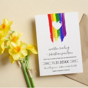 Invitation Paint Strokes Pride Drapeau et Mariage de coeur bl