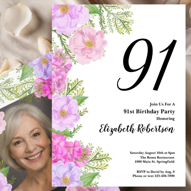 Invitation Painted Flower Custom Photo Template 91st Birthday (Créateur téléchargé)