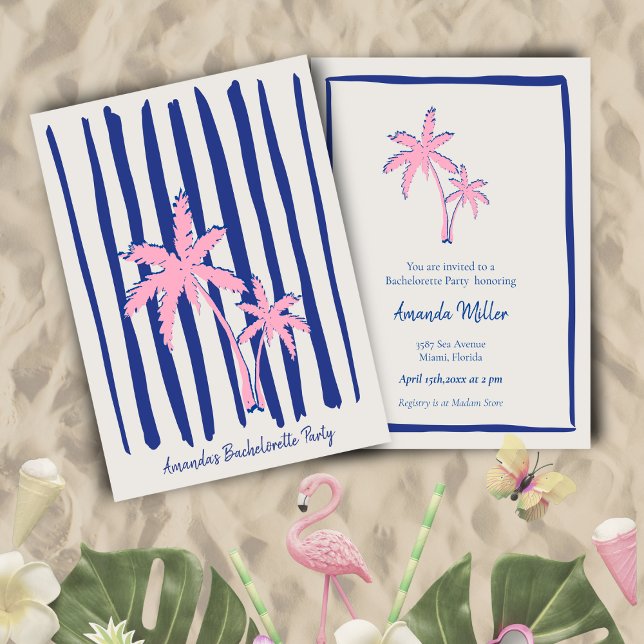 Invitation Paire de palme rose sur Blue Stripes Bachelorette (Créateur téléchargé)