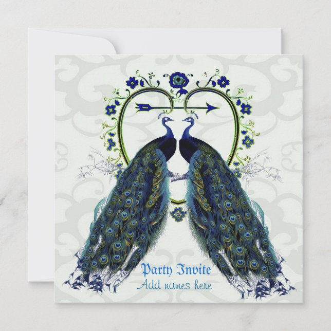 Invitation Paire étonnante de Peacocks amour cadre coeur orné (Devant)