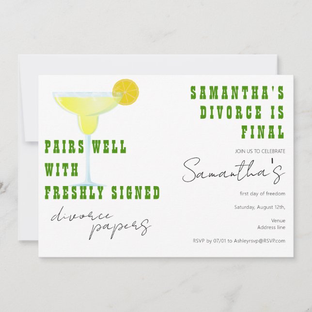 Invitation Pairs Well Divorce Papiers Margarita Tequila Party (Devant)